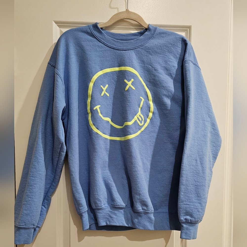 Gildan Blue Crewneck Sweater with Neon Smiley Face - Picture 1 of 3